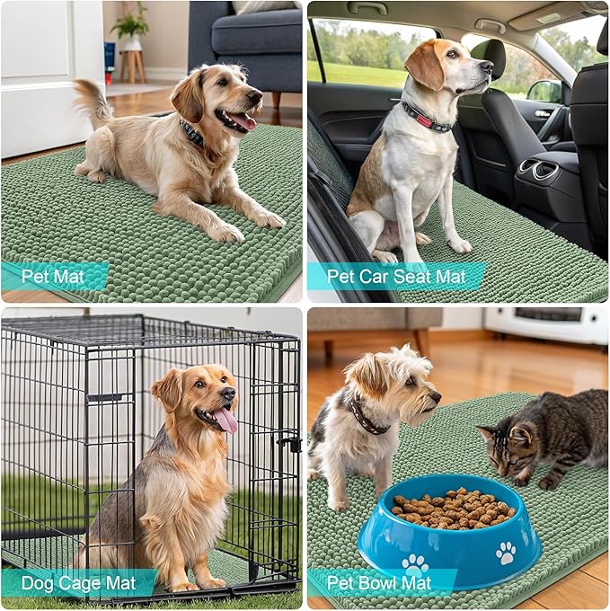 OLANLY Dog Door Mat for Muddy Paws 47x20, Absorbs Moisture and Dirt, Absorbent Non-Slip Washable Doormat, Quick Dry Chenille Mud Mat, Entry Indoor Entryway Carpet for Inside Floor, Olive Green