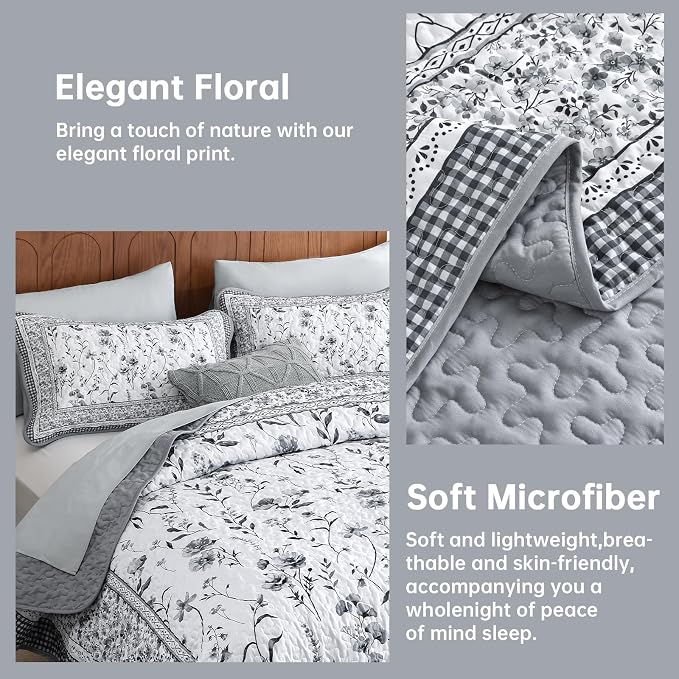 WONGS BEDDING Floral Quilt Set King, Microfiber Lightweight Farmhouse Bed Cover - Image 4
