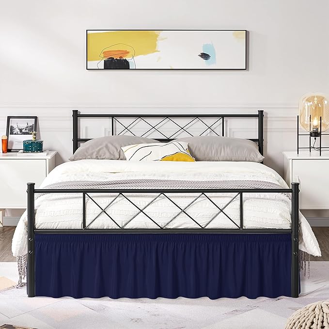 Biscaynebay Wrap Around Bed Skirts with Split Corners for Full Beds 14" Drop, Navy Elastic Dust Ruffles Adjustable Easy Fit Wrinkle & Fade Resistant Silky Luxurious Fabric Machine Washable