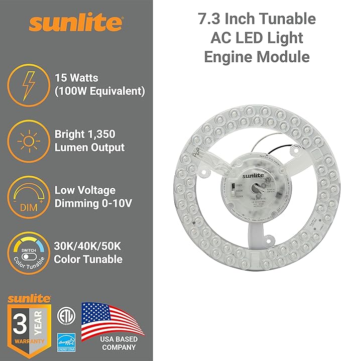 Sunlite 88479 7.3-Inch AC LED Light Engine Module, 15 Watts (100W=), 1350 Lumens, Color Selectable 30K/40K/50K, Dimmable, 50,000 Hours Life Span, 120v, ETL Listed