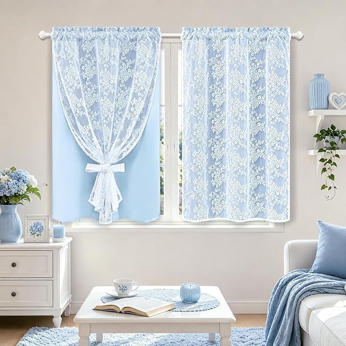 Yinhua Blue Kitchen Curtains 36 Inch Length Double Layer Blackout Cafe Curtains - Image 7