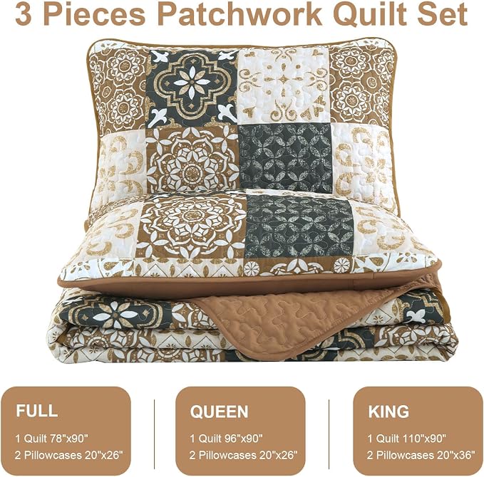 Dobuyly Patchwork Quilt Set Full Size, Boho Farmhouse Bedspread Brown | Dobuyly - Image 7