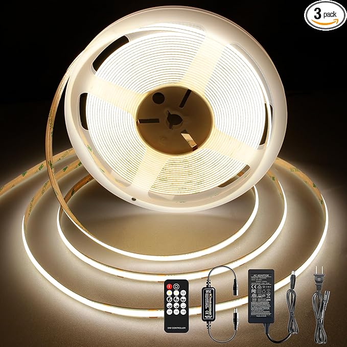 Pandery LED Strip Lights 32.8FT,Dimmable cob led Strip with Adapter and Remote,24V Strip Lights CRI90+ 8mm Wide 3840leds,Natural White 4000K Indoor led Tape,Perfect for Cabinet,Room,Kitchen,TV