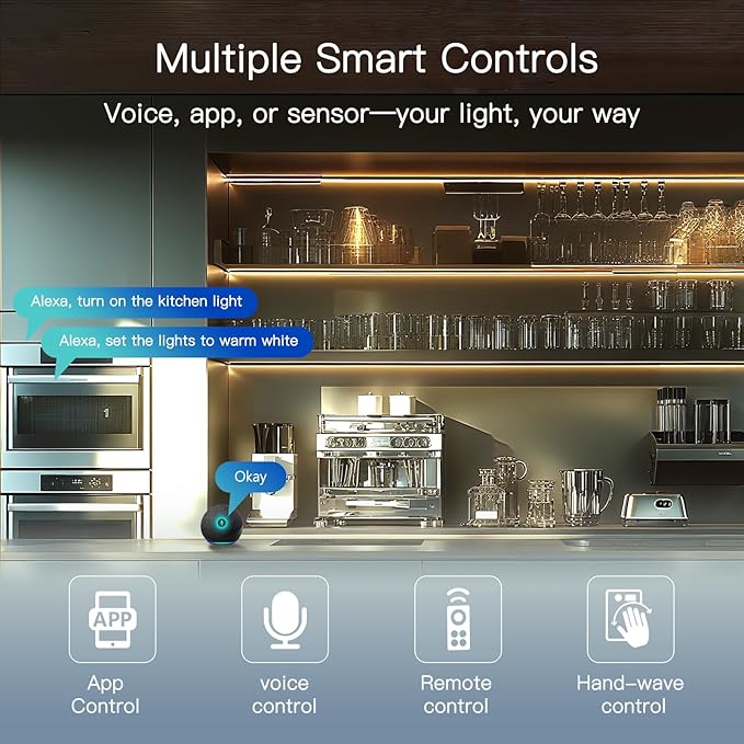 V4light Plug in Under Cabinet Lighting, 6 Pack 12 Inch Ultra-Slim LED Light Bars, Smart App/Voice/Remote Control, Works with Alexa, Dimmable & CCT Adjustable, 5W/Bar, for Kitchen, Closet, Counter