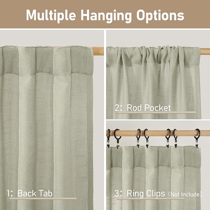 LAMIT Sage Grey Semi Sheer Linen Curtains 45 Inches Long 2 Panels, Light Filtering Panels Back Tab and Rod Pocket Neutral Drapes for Kitchen/Window/Bedroom, 52 x 45 Inch