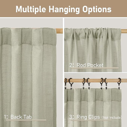 LAMIT Sage Grey Semi Sheer Linen Curtains 45 Inches Long 2 Panels, Light Filtering Panels Back Tab and Rod Pocket Neutral Drapes for Kitchen/Window/Bedroom, 52 x 45 Inch