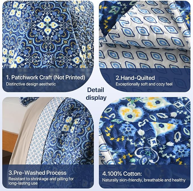 Cotton Reversible Quilt Set Twin Size, Boho Floral Patchwork Bedspread Coverlet - Image 3