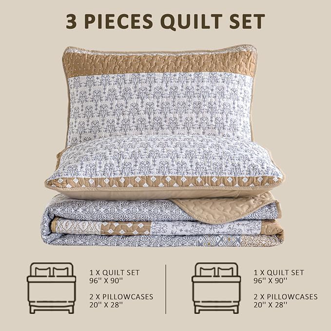 WONGS BEDDING Brown King Quilt Bedding Set, Bohemian Stripe Bedspread | - Image 9