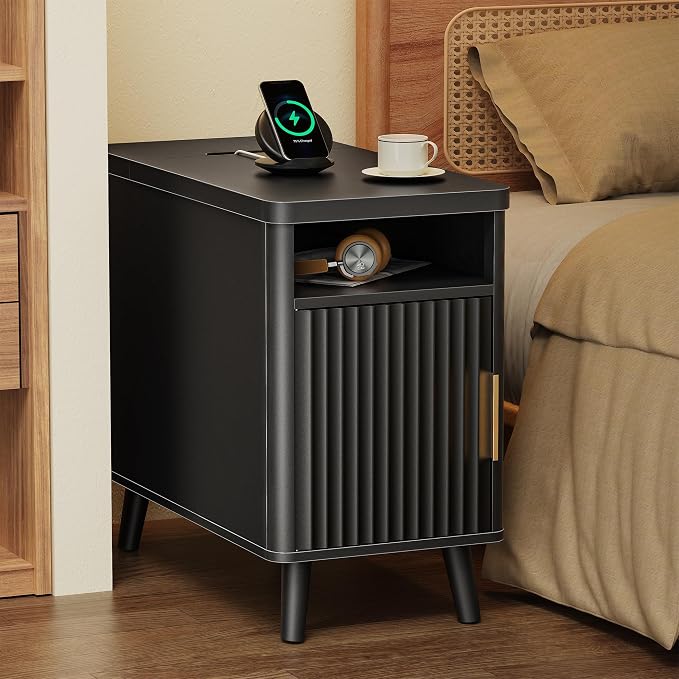 Huuger Narrow End Table with Charging Station, USB-C Port | Fluted Nightstand by Huuger