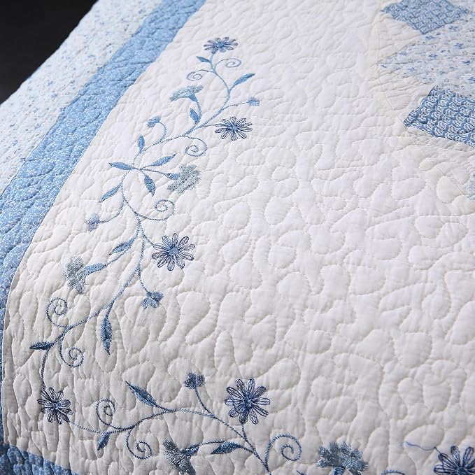 ROOMLIFE Quilt Set King Size 3D Floral Embroidery Pattern 3-Piece Cotton | - Image 9