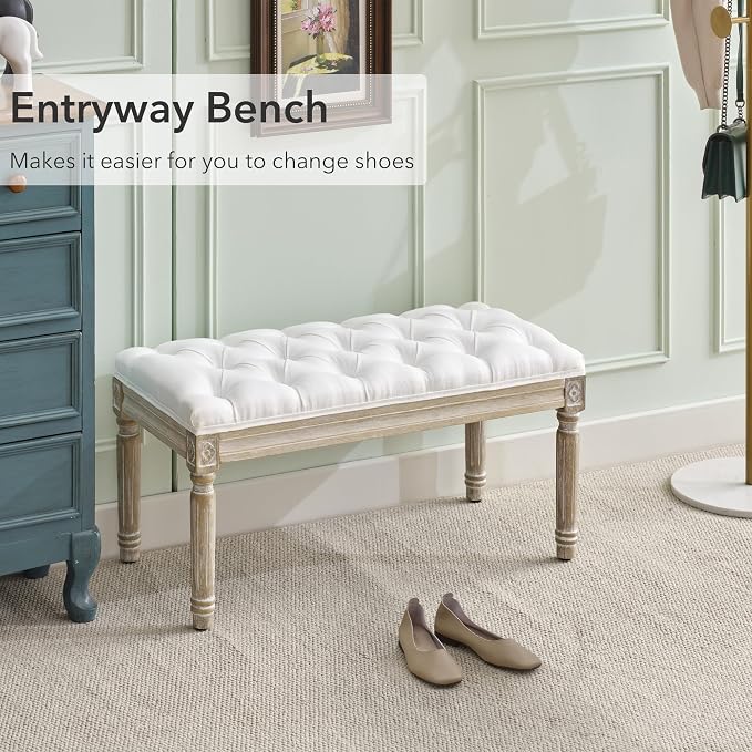 LOULENS 31'' Entryway Bench, Linen Upholstered End of Bed Bench, Brushed Wood - Image 7