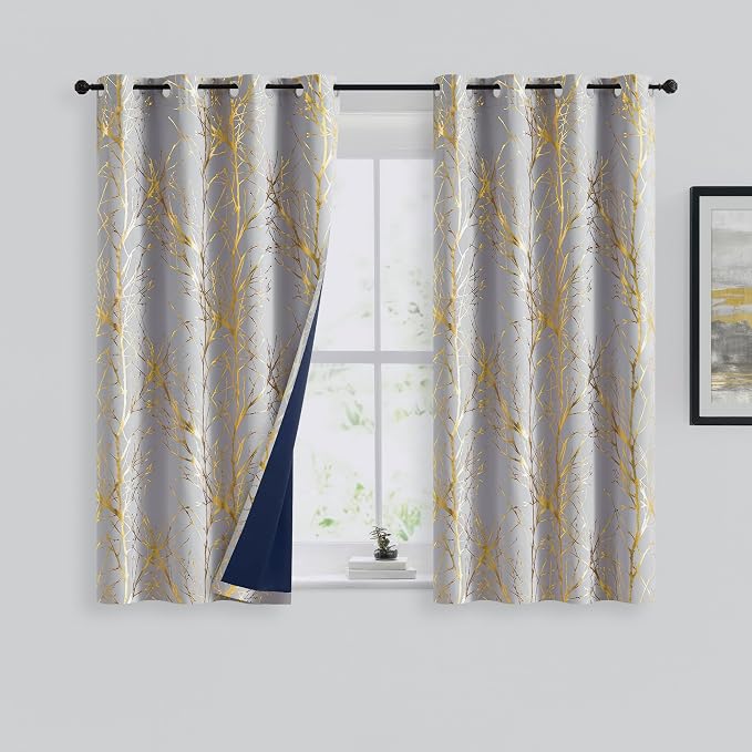 FMFUNCTEX 100% Blackout Grey Gold Foil Tree Curtains 54 Inch Long 2 Panels | - Image 2