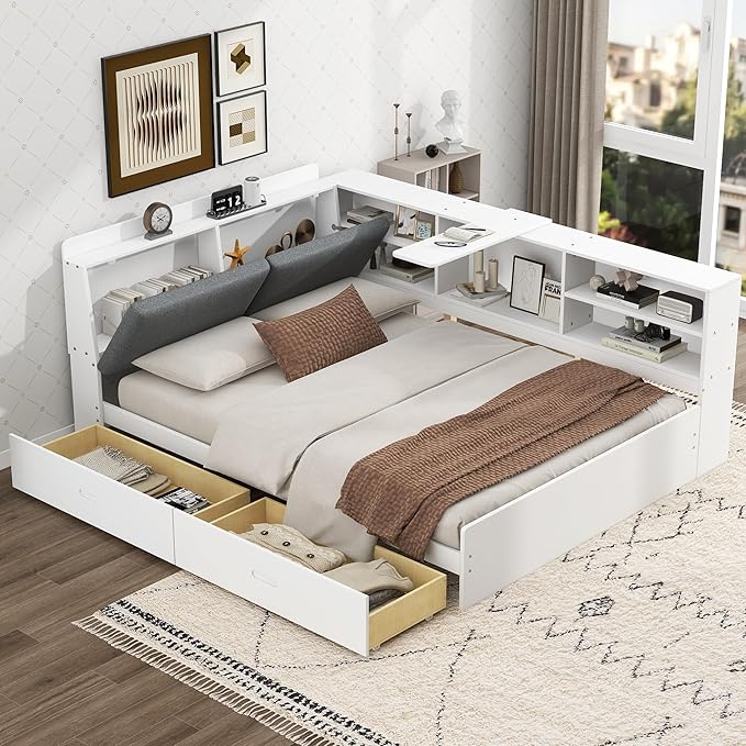 Ball & Cast Full Size Wooden Storage Daybed Frame, Modern Platform Bed with Drawers & Flip Headboard & Shelves, L Shaped Full Floor-Bed w/Upholstered Headboard&Storage, No Box Spring Needed, White