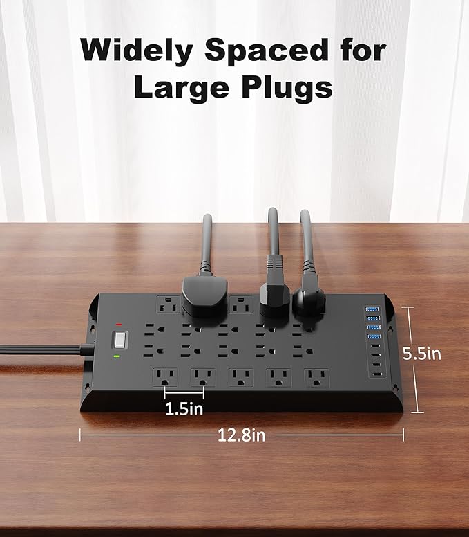 Surge Protector Power Strip 4800J, LeZone 10Ft Long Extension Cord Flat Plug, 20 Outlets 4 USB-A 4 USB-C Ports, Wall Mountable, Home Office Dorm Essentials, Black