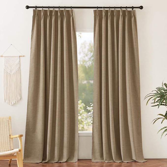 RYB HOME Pinch Pleated Back Tab Curtains Linen Textured 100% Blackout Curtains by RYBHOME