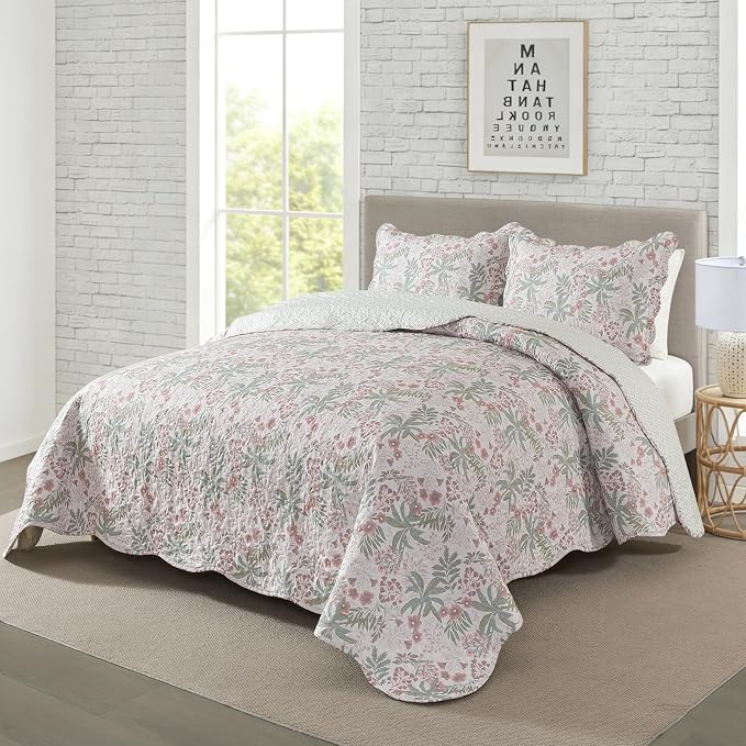 Lightweight Coverlet Set 3-Piece Bedspread Quilt Set Garden Style Floral - Image 2