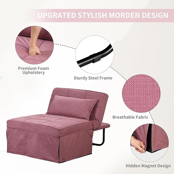 Pink Sofa Bed, 4 in 1 Convertible Chair Multi-Function Folding Ottoman Guest Bed - Image 6