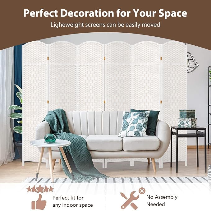 6 Panel Room Divider, 6 FT Wide Folding Screen Room Divider, Off White | Double - Image 7