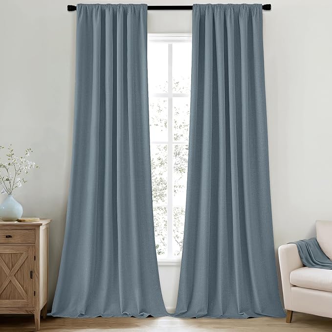 MIULEE 100% Blackout Back Tab Pleat Linen Curtains 50" Wx102 L, Stone Blue | 2 by MIULEE