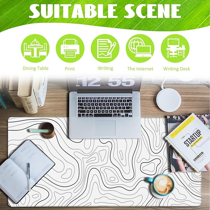 Eflxamz Desk Mat,White Topographic Contour Map Desk Pad,Topographic Contour Large Gaming Mouse Pad for Desk,Extended Big Computer Keyboard Mouse Pad with Non-Slip Base and Stitched Edge,35.4"x15.7"