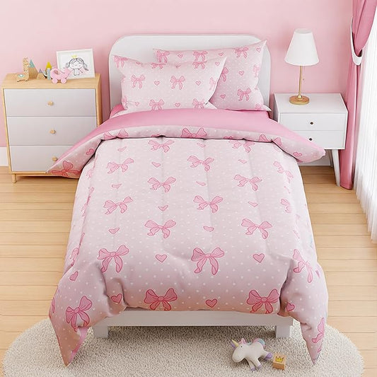 SANDJEST Bow Comforter Set Twin Size 68x86in for Kids Girls, Microfiber 3 Pcs Bedding Set Includes 1 Comforter, 1 Pillowcase, 1 Fitted Sheet, Nursery Room Decor