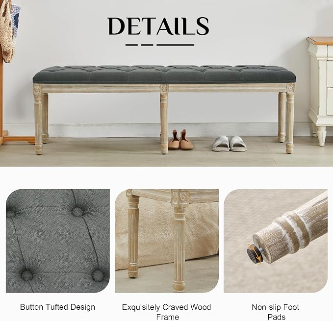 LOULENS 57.7" Linen End of Bed Bench King Size, Dark Grey | French, Upholstered - Image 5