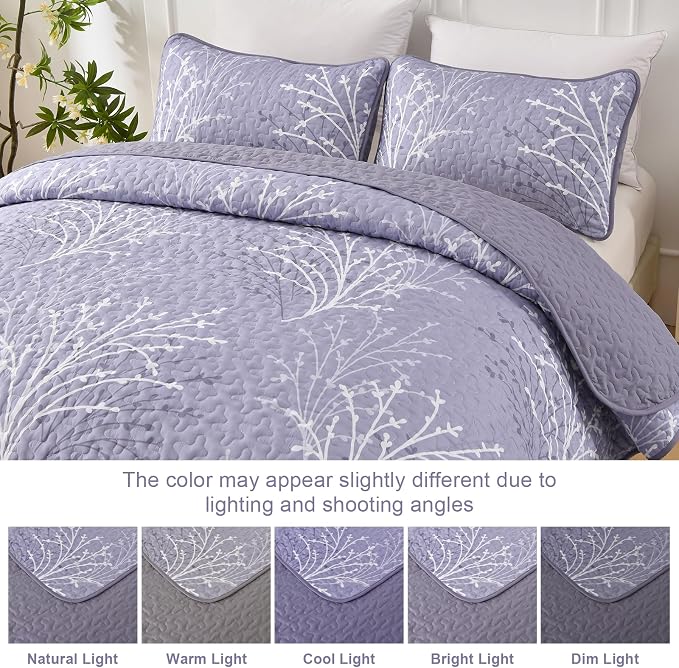 DJY Purple Quilt Set Queen Size Branch Botanical Bedspread Coverlet Set | 3 - Image 8