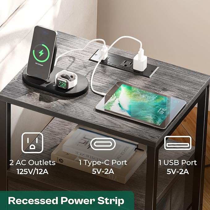 Huuger Nightstand with Charging Station, Side Table with Fabric Drawers | End - Image 4