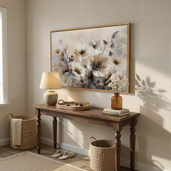 Framed Neutral Floral Wall Art, Vintage Beige Botanical Flower Canvas Artwork - Image 8