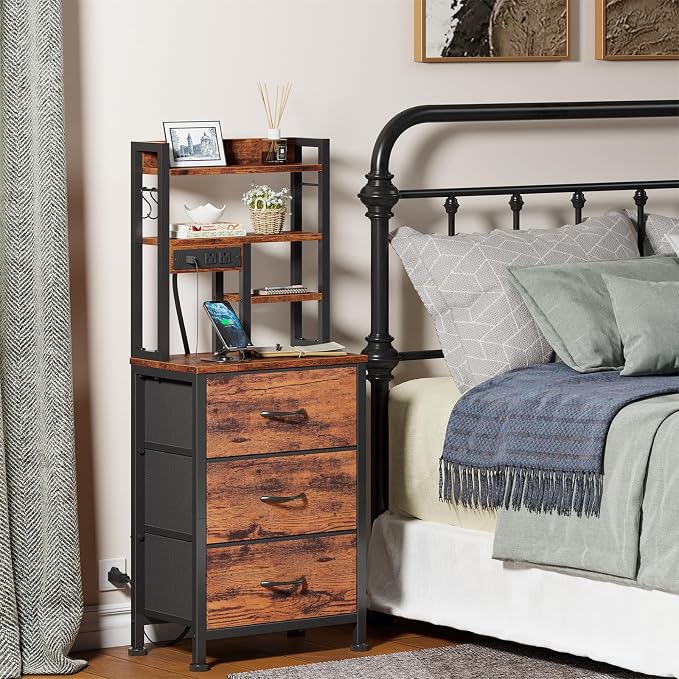 Tall Nightstand, 45.3" Bedside Table & End Table, 3 Fabric Drawers | RGB LED - Image 7
