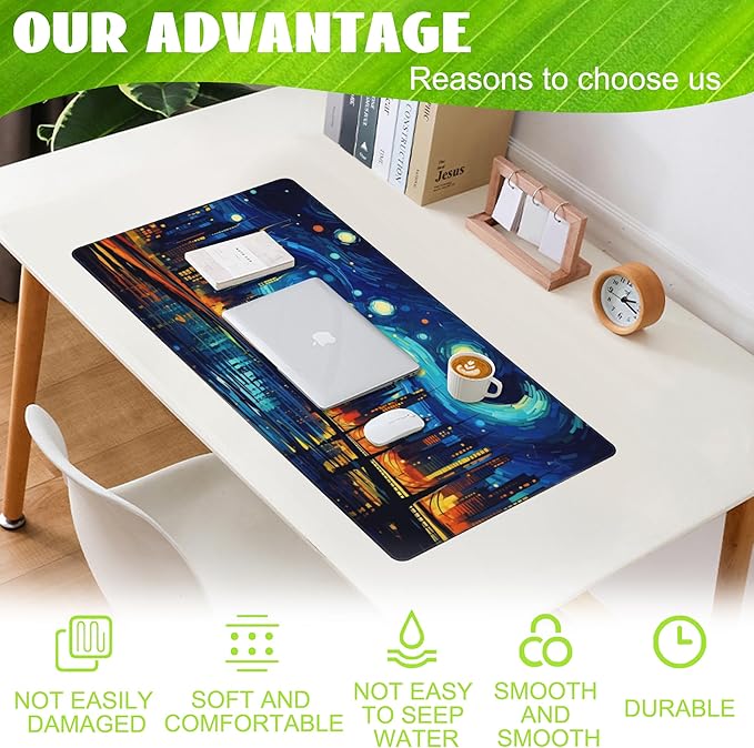 Eflxamz Desk Pad,City Starry Night Desk Mat,Abstract Oil Painting Large Gaming Mouse Pad for Desk,Extended Big Computer Keyboard Mouse Pad with Non-Slip Base and Stitched Edge,35.4"x15.7"