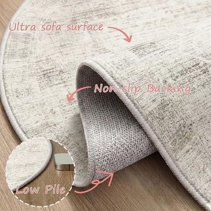 Latte&Fog 6ft Round Area Rug forBedroom Washable Circle Neutral Ivory Rug | Non - Image 8