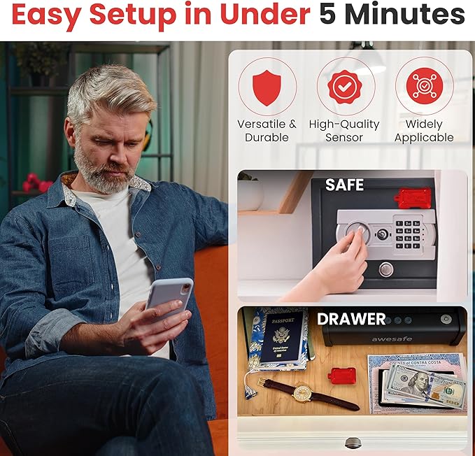 Instant Kini Safe Alert Wi-Fi Motion Sensor Alarm - Real-time SMS, Email, IFTTT - Great for Gun Safes, Cabinets, Home, Office - Easy Install, No Subscription, Long Lasting Rechargeable Battery