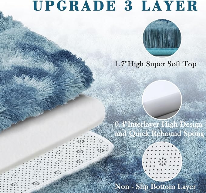 Small Shag Area Rug for Bedroom, 2x3 Dark Blue Tie-Dyed Soft Plush Carpet | - Image 4