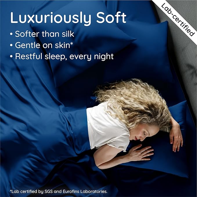 Bambaw 100% Viscose Derived from Bamboo Sheets Deep Pockets Queen Size Set – 4pcs Soft Bedding, Fits Up to 16'' with Elastic Corner Straps, Queen Size Cooling Sheets (Navy Blue)