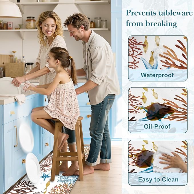 Kitchen Mats for Floor Cushioned Anti Fatigue Sets of 2 Coastal Kitchen Rugs Non Slip Waterproof Nautical Foam Kitchen Floor Rug Beach Theme Coral Fish Comfort Standing Mat for Sink Laundry, Red