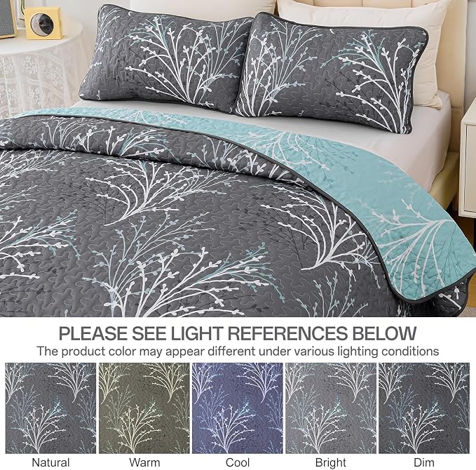 DJY Full Size Quilt Set Grey Blue Reversible Bedspread Bedding Set | 3 Piece - Image 5