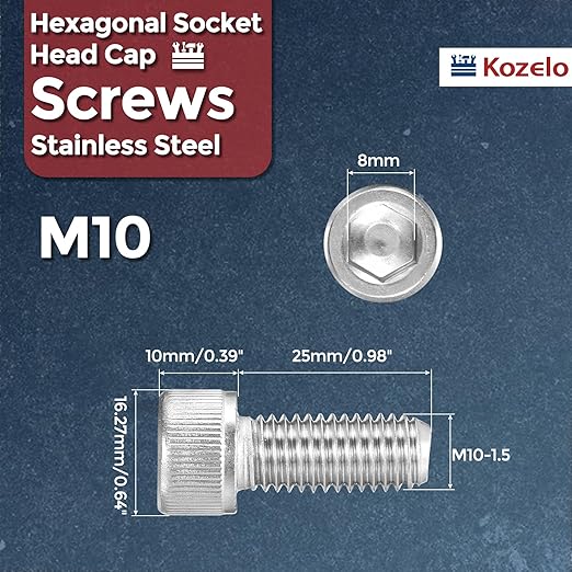 Kozelo 20pcs Socket Head Cap Screws - [M10-1.5 x 25mm] 304 Stainless Steel Allen Socket Drive for Electrical Motor 3D Printing Fan Engine Replacement Use, Silver
