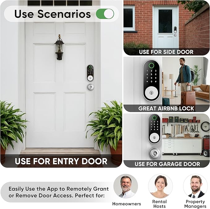 Fingerprint Smart Door Lock Keypad Deadbolt – Keyless Entry with Fingerprint, Code, FOB, App & Key, Remote Access for Home, Airbnb/Rental, Auto-Lock, Privacy Mode, Alexa/Google Compatible, DIY Install