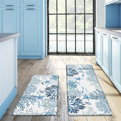Kitchen Mats for Floor Cushioned Anti Fatigue Sets of 2 Coastal Kitchen Rugs Non Slip Waterproof Nautical Foam Kitchen Floor Rug Beach Theme Coral Fish Comfort Standing Mat for Sink Laundry, Blue