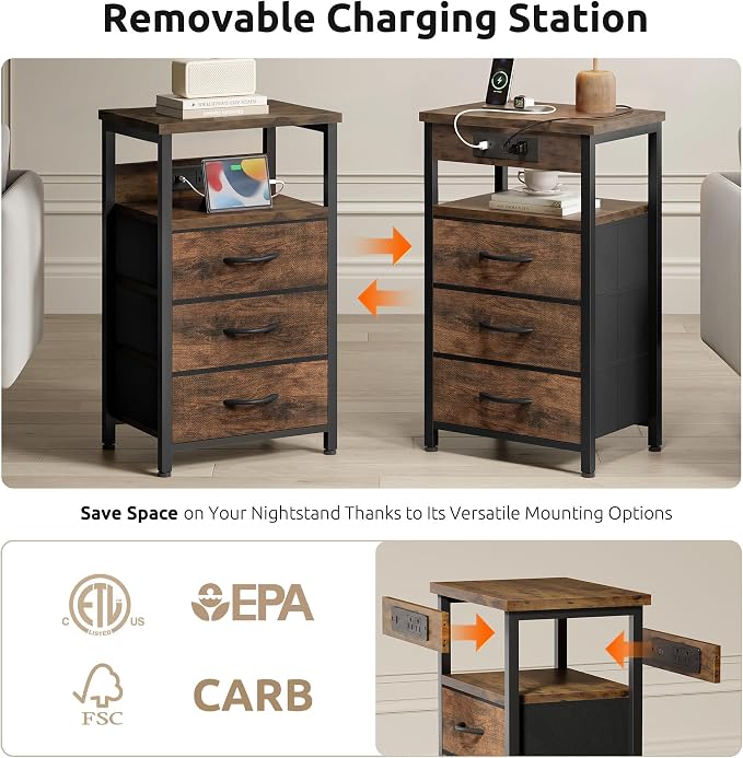 Lazzanto Night Stand with Charger Station, 3 Fabric Drawers, Bedside Table - Image 4