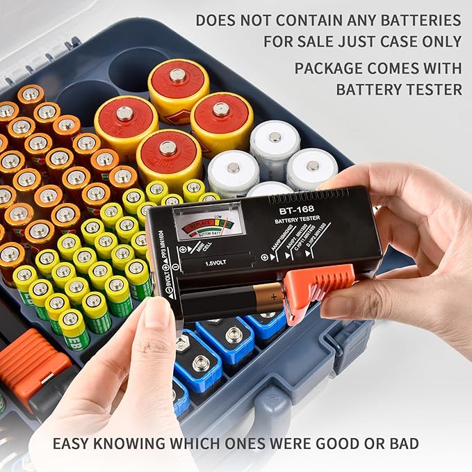 Aptbyte Battery Organizer Storage Holder Box Case with Tester- 269 Batteries Double-Sided Variety Pack, Holds AA AAA 4A C D Cell 9V 3V Lithium LR44 CR2 CR123 CR1632 18650 Button- Blue (Box Only)