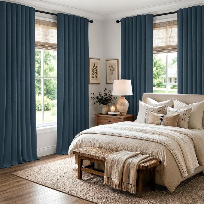 MIULEE 100% Blackout Linen Curtains 42 x 90 Inch Navy Blue 2 Panels | Thermal - Image 8
