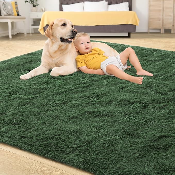 Fluffy Dark Green Rugs for Living Room Bedroom, 5x8 Soft Area Rug Forest Hunter - Image 4