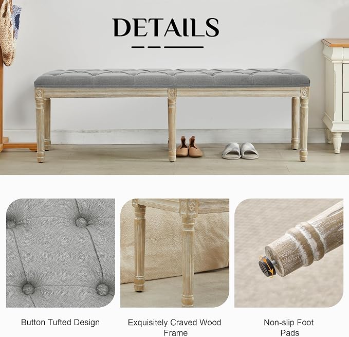 LOULENS 57.7" Linen End of Bed Bench King Size, Light Grey | French, Upholstered - Image 5