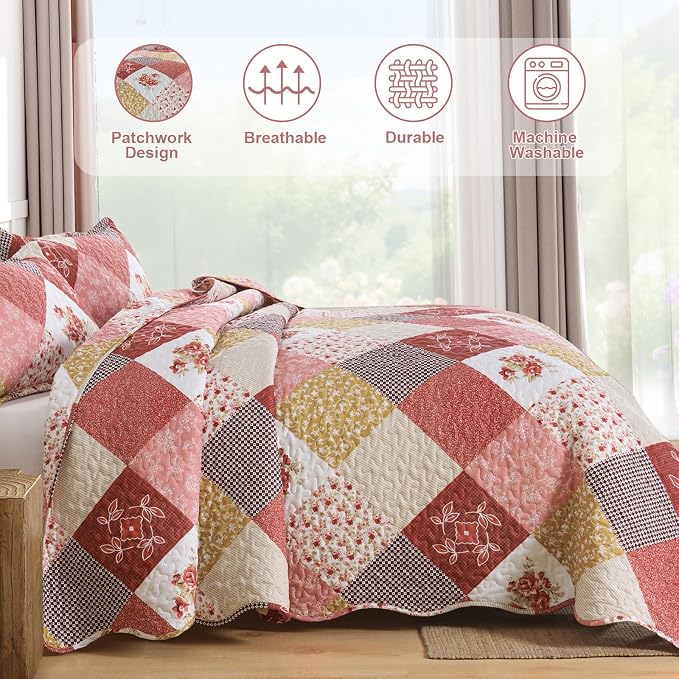 Dinjoy Boho Quilt Set Queen Size, Patchwork Floral Bedspreads, Romantic Red | - Image 3