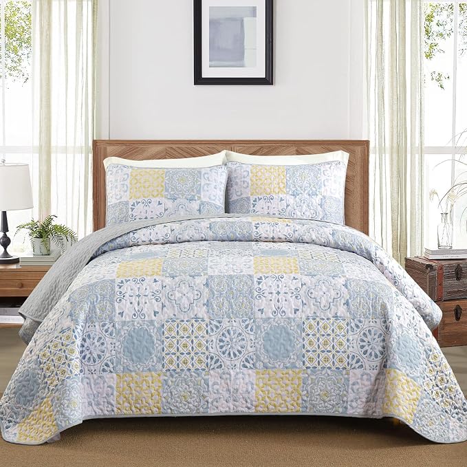 Dobuyly California King Quilt Set 3 Pcs Patchwork Bedspreads, Soft Lightweight - Image 2