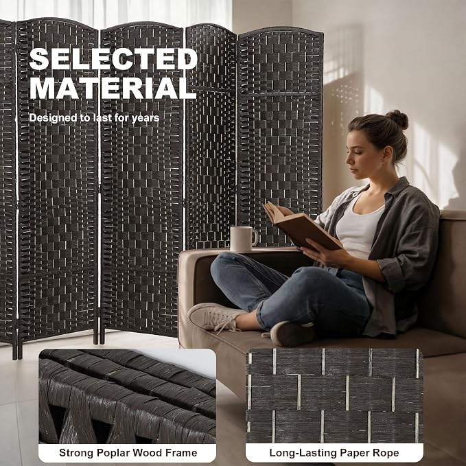HOMCOM Room Divider 6-Panel, 6FT-Tall Folding Privacy Screen, Coffee | - Image 5