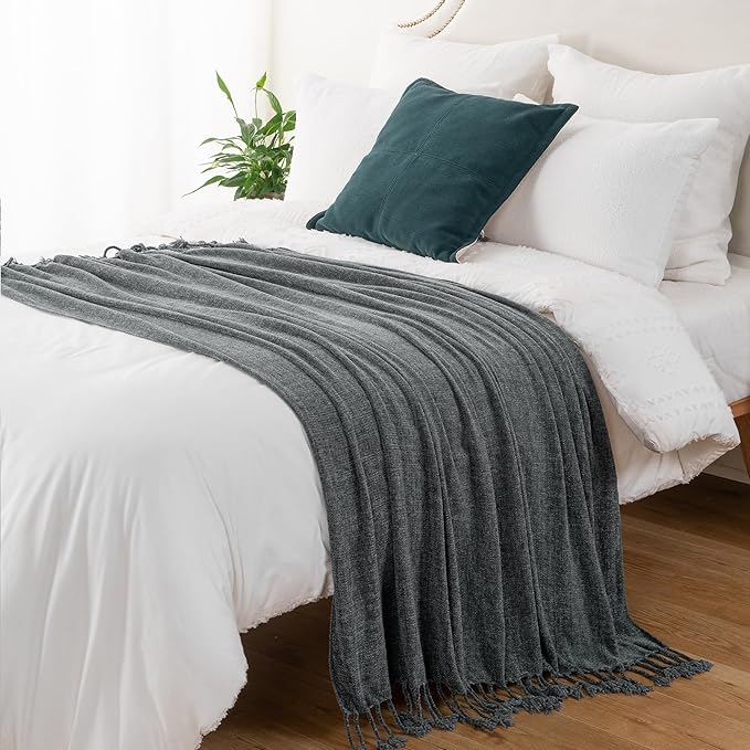 BATTILO HOME Dark Gray Throw Blanket for Couch Bed Sofa, Soft Cozy Grey Chenille Throw Blanket with Fringe Tassels, Lightweight Knit Throw Blanket for Home Decor, 50"x60"
