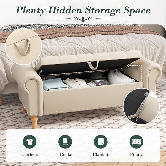 Apicizon 51” Bench with Storage, Faux Leather Ottoman Bench with Rolled Arm & - Image 7